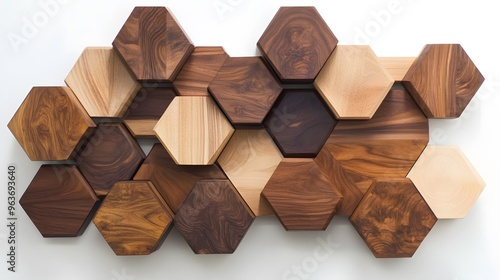 Abstract Wall Art Made of Hexagonal Wooden Panels photo