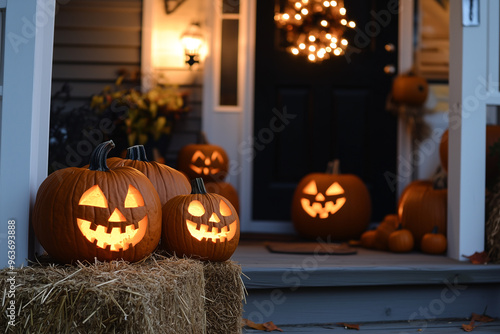 A charming front porch decorated for fall with hay bales, pumpkins, and glowing hand-carved jack-o-lanterns, illuminated at twilight, creating a cozy and festive Halloween atmosphere