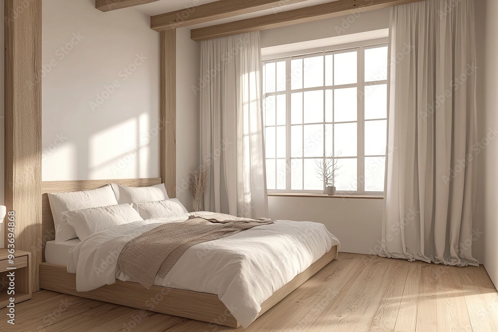 Fototapeta premium Minimalist bedroom featuring a wooden bed frame, large windows, and neutral decor. Modern interior design with hardwood floors. 3D Rendering generative ai