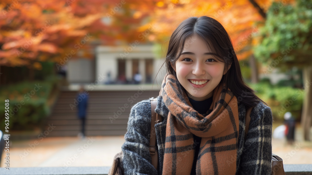 Fototapeta premium 秋のキャンパスで微笑む学生