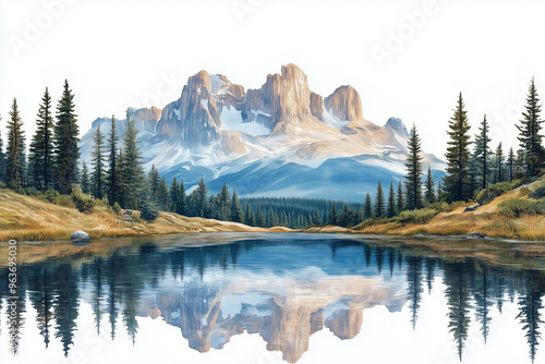 Water color style, A tranquil mountain landscape is reflected on the still waters of a lake. 