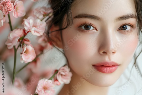 A close up of a woman with flowers in her hair