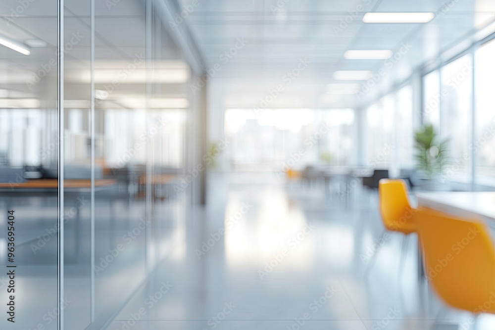 Modern bright office interior with furniture and daylight. Blurred background. generative ai