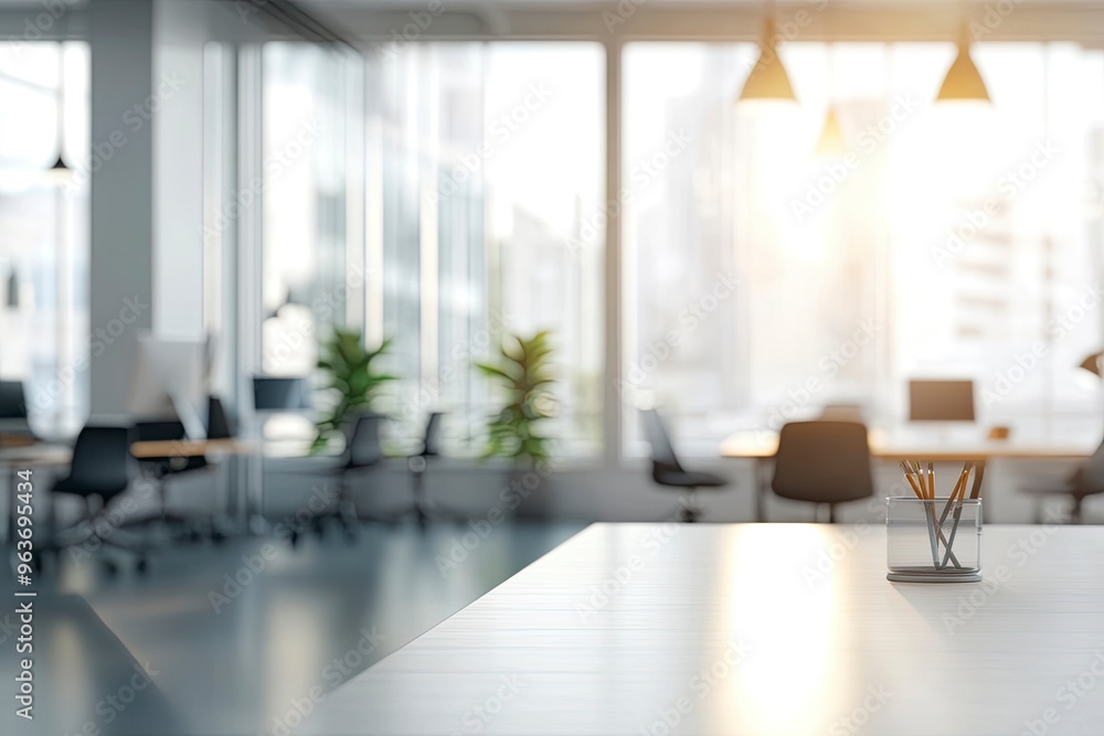 Modern bright office interior with furniture and daylight. Blurred background. generative ai Modern bright office interior with furniture and daylight. Blurred background. generative ai