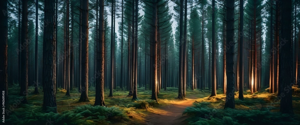 Magic lights in a deep dark pine forest. AI generated Magic lights in a deep dark pine forest. AI generated