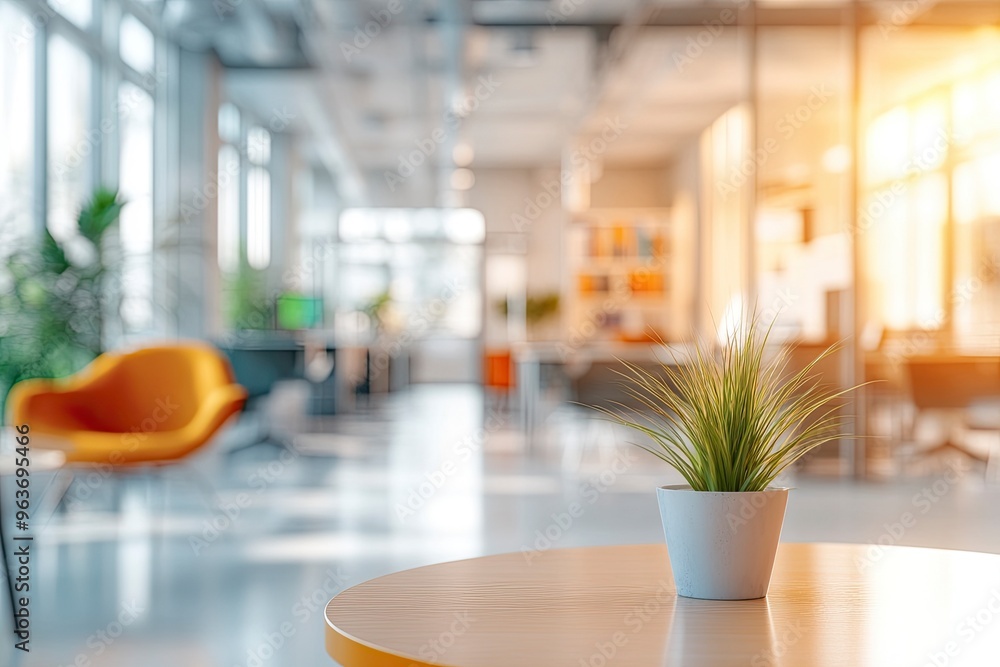 Modern bright office interior with furniture and daylight. Blurred background. generative ai Modern bright office interior with furniture and daylight. Blurred background. generative ai