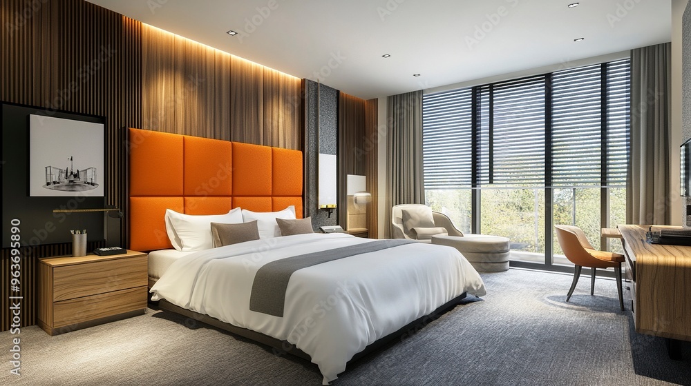 Modern design guest room hotel interior and decoration with white bedding orange headboard, wooden wall decoration, grey carpet, blind window and ceiling lighting 3d rendering bedroom.generative ai Modern design guest room hotel interior and decoration with white bedding orange headboard, wooden wall decoration, grey carpet, blind window and ceiling lighting 3d rendering bedroom.generative ai