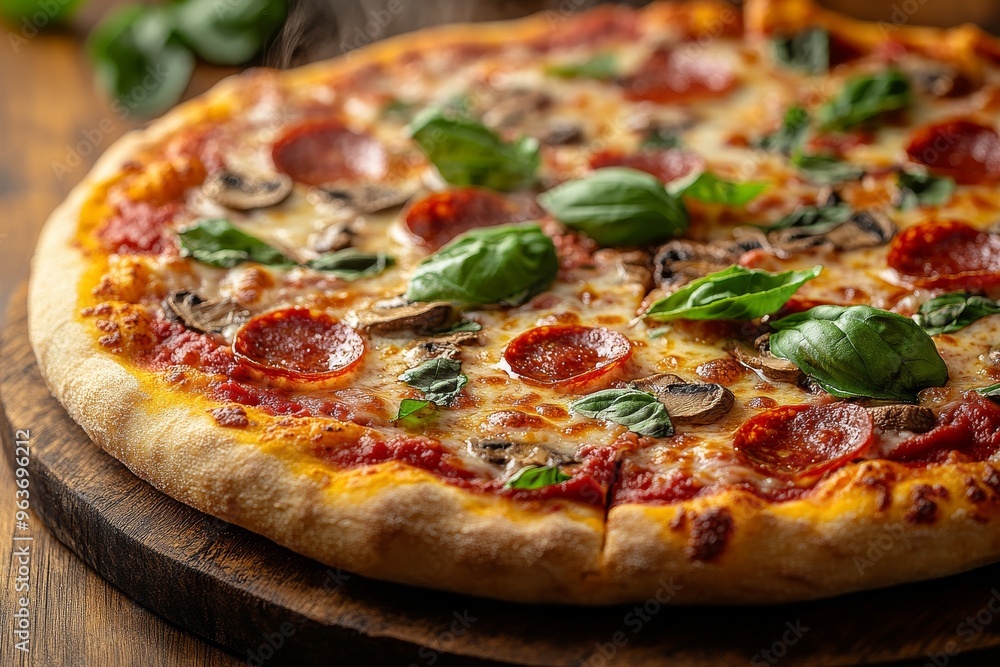 A freshly baked pizza with gooey cheese, vibrant tomato sauce, and a variety of toppings. Generative AI A freshly baked pizza with gooey cheese, vibrant tomato sauce, and a variety of toppings. Generative AI