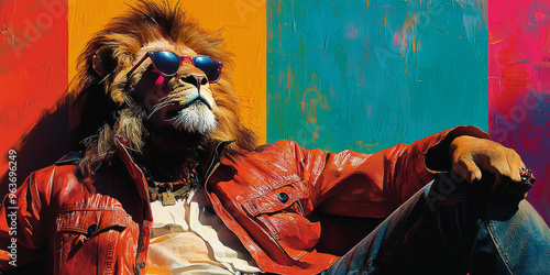 A lion wearing sunglasses and a red jacket leans back against a colorful wall.