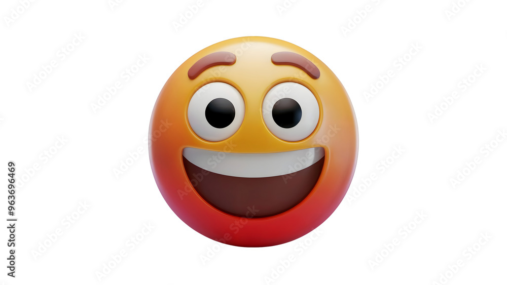 Fototapeta premium A 3D-rendered emoji with a wide, open-mouthed smile and raised eyebrows, giving an expression of happiness or excitement