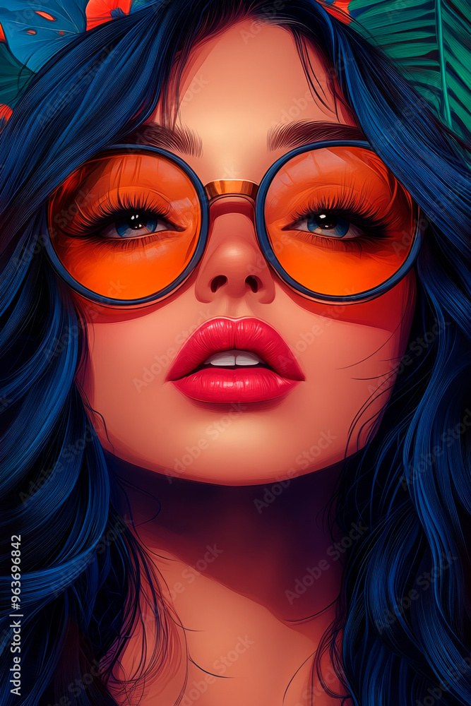 Vibrant fashion portrait featuring a woman with striking blue hair and bold sunglasses, perfect for trendy beauty and summer style editorials. Vibrant fashion portrait featuring a woman with striking blue hair and bold sunglasses, perfect for trendy beauty and summer style editorials.