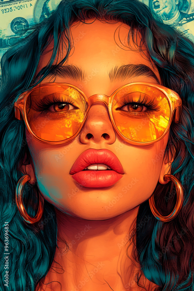 Vibrant fashion portrait of a young woman with curly hair, wearing oversized orange glasses, against a tropical-themed background, perfect for summer and style magazines Vibrant fashion portrait of a young woman with curly hair, wearing oversized orange glasses, against a tropical-themed background, perfect for summer and style magazines