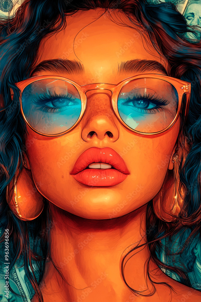 Vibrant fashion portrait of a young woman with curly hair, wearing oversized orange glasses, against a tropical-themed background, perfect for summer and style magazines Vibrant fashion portrait of a young woman with curly hair, wearing oversized orange glasses, against a tropical-themed background, perfect for summer and style magazines
