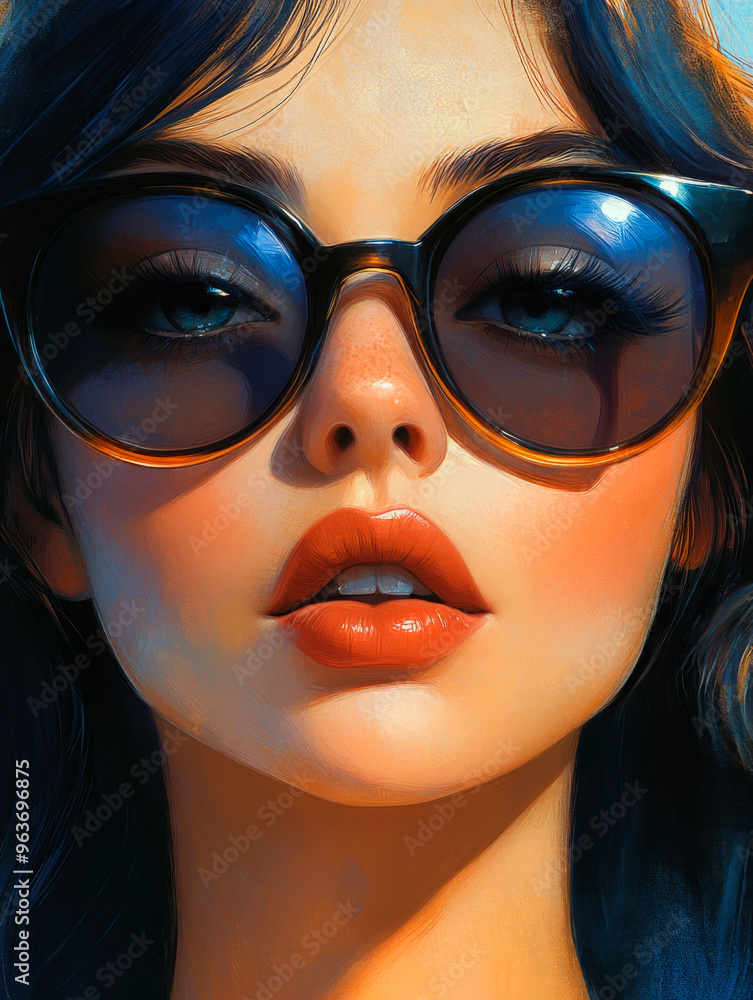 Elegant close-up portrait of a young woman with dark hair, wearing stylish oversized blue sunglasses, perfect for high-end fashion and beauty editorials Elegant close-up portrait of a young woman with dark hair, wearing stylish oversized blue sunglasses, perfect for high-end fashion and beauty editorials
