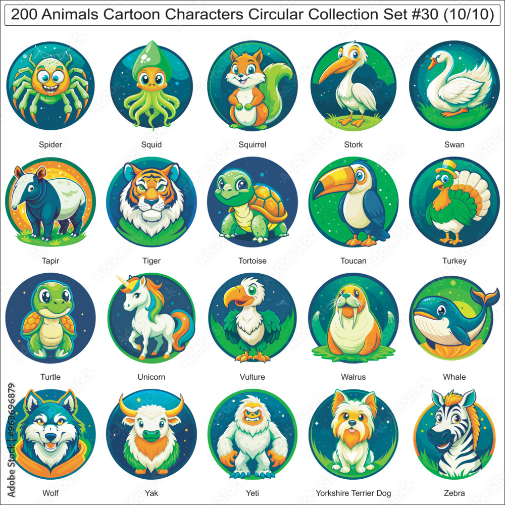 Animals Cartoon Characters Circular Collection Set of 200 Isolated Animals Part 10 Animals Cartoon Characters Circular Collection Set of 200 Isolated Animals Part 10