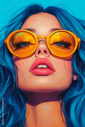 Vibrant fashion portrait featuring a woman with striking blue hair and bold sunglasses, perfect for trendy beauty and summer style editorials.