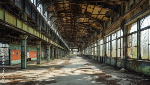 Abandoned Industrial Hallway with Broken Windows and Decay