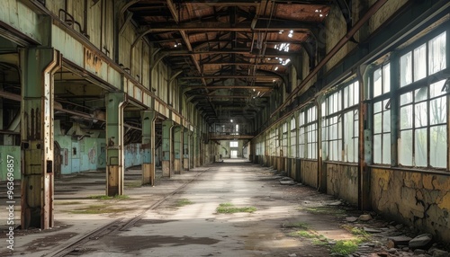 Abandoned Industrial Warehouse with Rusted Beams and Broken Windows