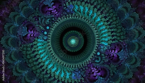 An abstract fractal design, where intricate, repeating patterns in vivid blues, purples, and greens expand from a central point. The spiraling shapes grow outward infinitely, creating a mesmerizing, h