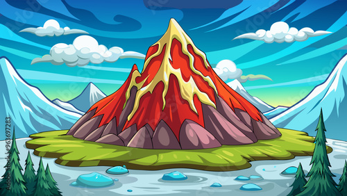 cartoon vector illustration of volcano with mountains and stones, snow landscape background with blue sky and clouds