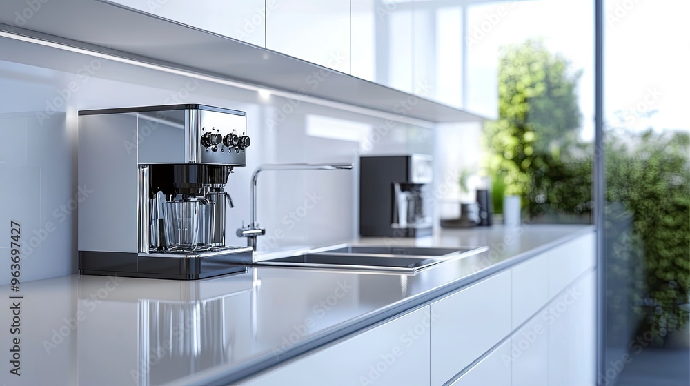 Modern kitchen interior showcasing sleek design with white cabinetry, stainless steel sink, and a coffee machine on a reflective countertop.generative ai Modern kitchen interior showcasing sleek design with white cabinetry, stainless steel sink, and a coffee machine on a reflective countertop.generative ai