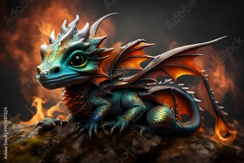 cute and beautiful baby dragon in vibrant red, cyan blue, and green colors with fiery background..