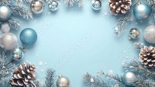 Christmas decoration forming a frame on a light blue background with a free space for writing a Christmas wish. Merry Christmas background. Generated AI photo