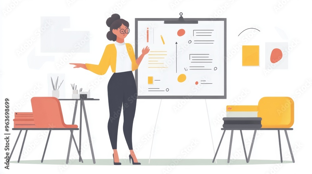 women making presentation illustration explaning and board behind her white backround women making presentation illustration explaning and board behind her white backround