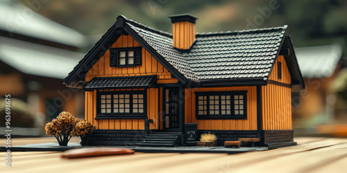 A miniature wooden house with a black roof sits on a wooden surface. photo