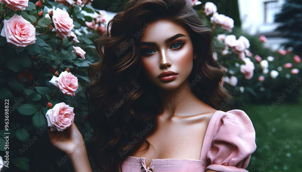 Beautiful young woman with long curly hair and perfect skin wearing pink linen dress posing near blooming roses in a garden. Beautiful young woman with long curly hair and perfect skin wearing pink linen dress posing near blooming roses in a garden.