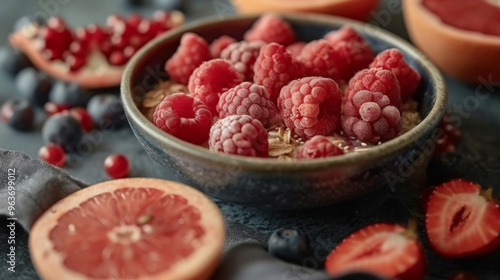 Bowl of oatmeal with frozen raspberries and erythritol photo