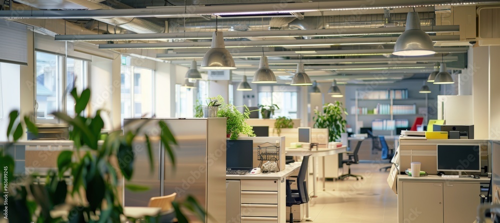 Naklejka premium Modern Sustainable Office Kitchen with Energy-Efficient Appliances and Smart Lighting Design