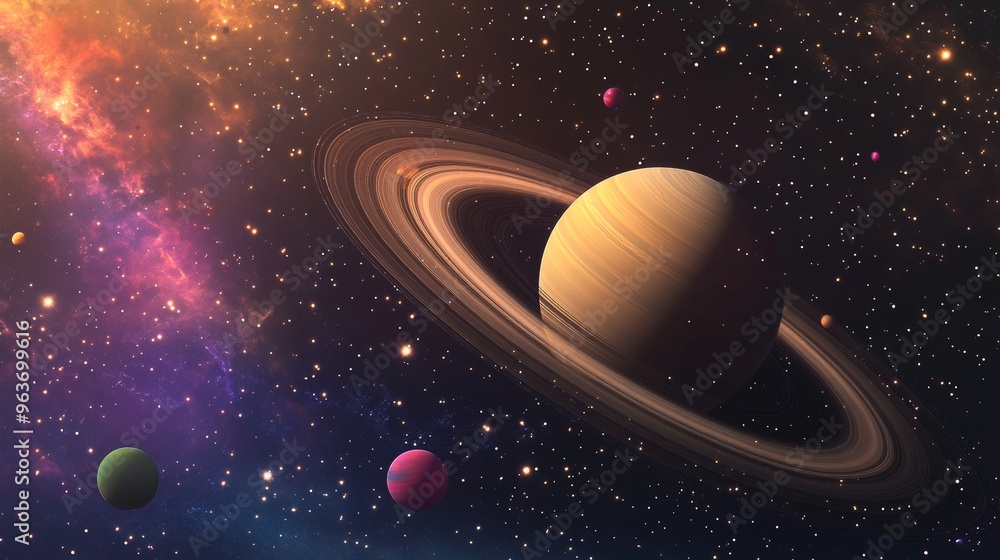 Naklejka premium saturn with colorful planets and starry background