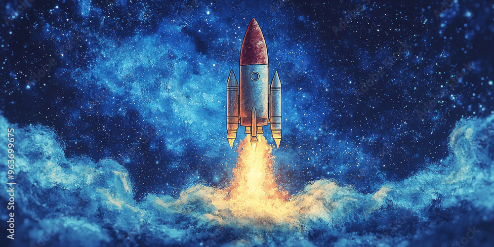 A rocket blasts off into the night sky, leaving a trail of fire behind it. A rocket blasts off into the night sky, leaving a trail of fire behind it.