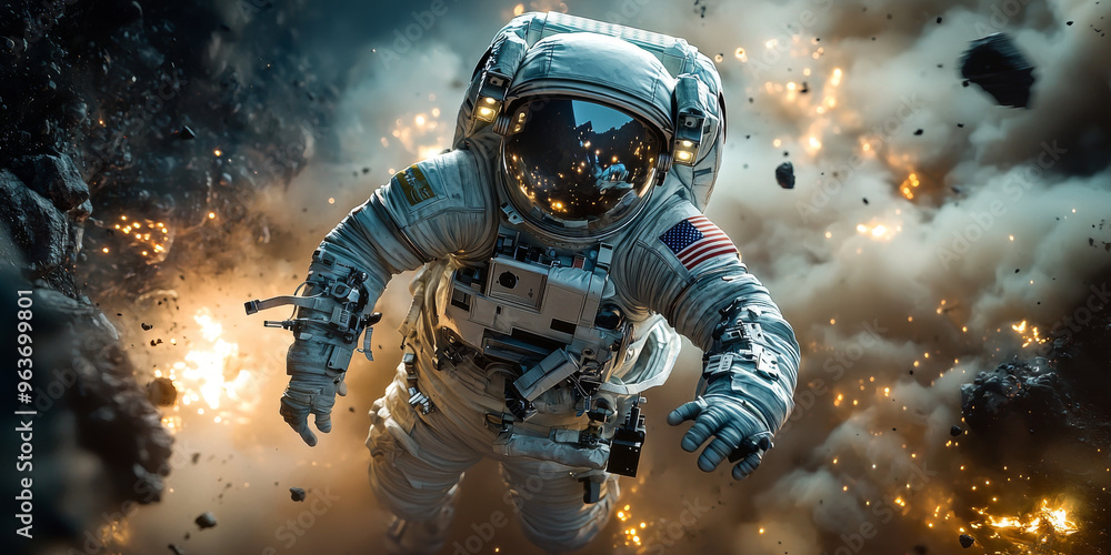 Astronaut floats in space surrounded by debris and fire. Astronaut floats in space surrounded by debris and fire.