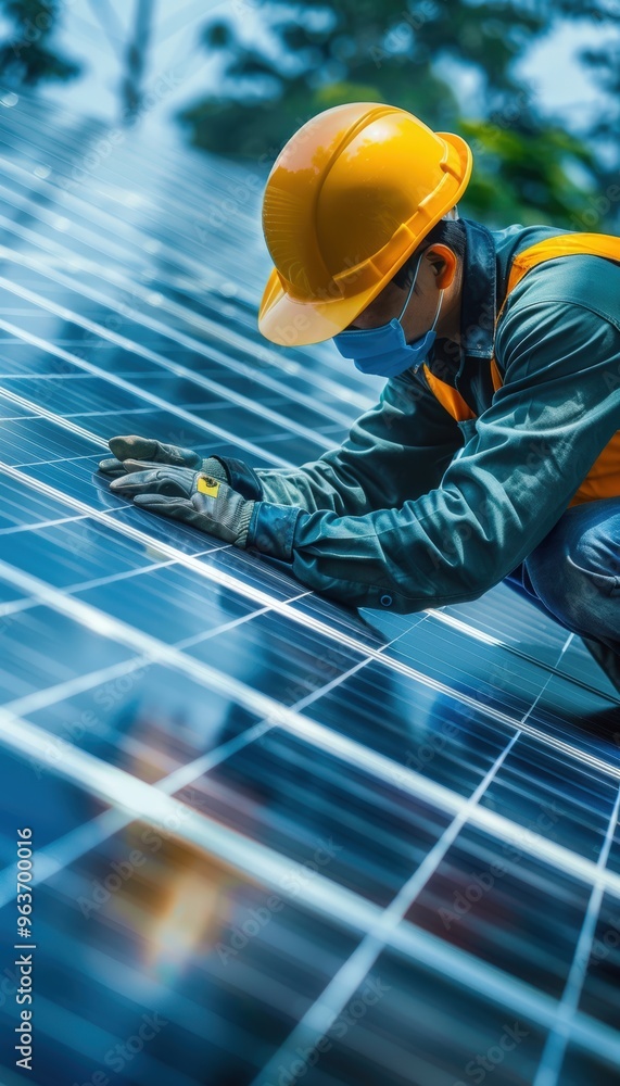 Solar Panel Technician in Protective Gear Working on Connections on a Sunny Day Solar Panel Technician in Protective Gear Working on Connections on a Sunny Day