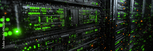 Close-up of server racks with blinking green lights.