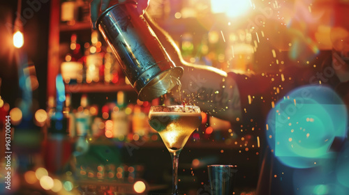 Bartender pouring cocktail at vibrant bar photo