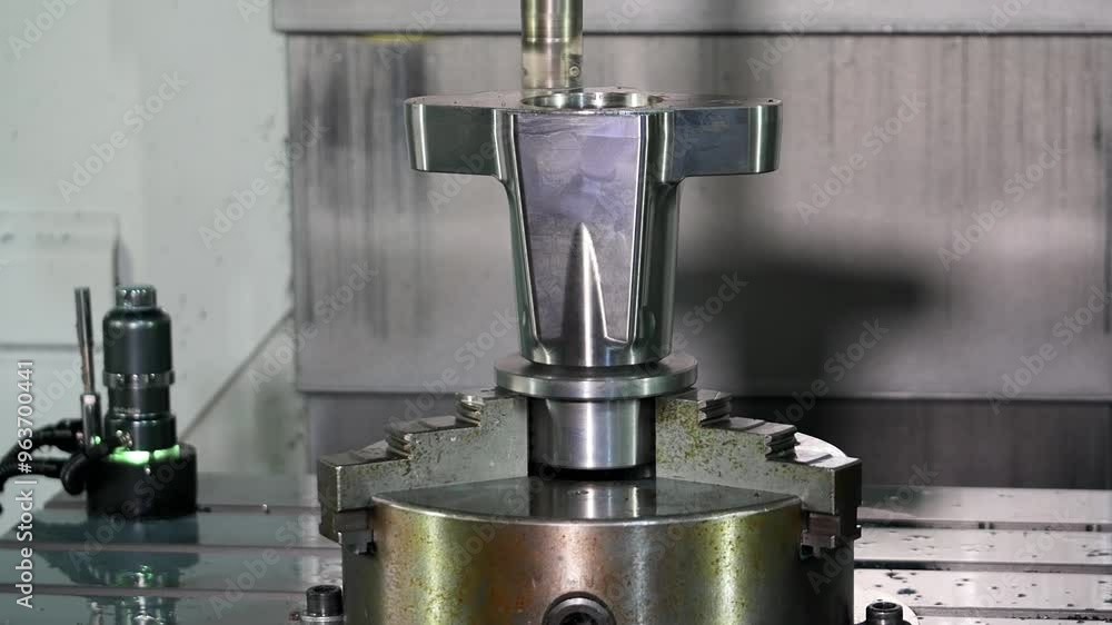 CNC milling machine with attached a probe. High technology manufacturing process. Vertical CNC lathe adopts table movement to keep stable and high precision. Computer Numerical Control. Seamless loop
CNC milling machine with attached a probe. High technology manufacturing process. Vertical CNC lathe adopts table movement to keep stable and high precision. Computer Numerical Control. Seamless loop