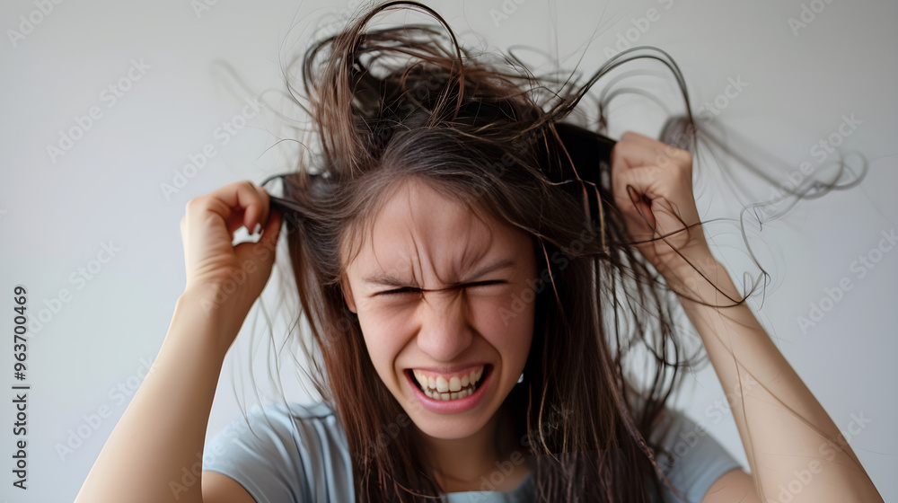 A frustrated individual holds a fistful of hair in their hand, struggling with overwhelming feelings.