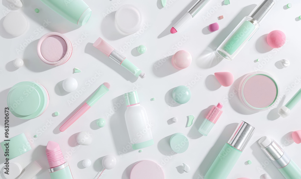 Various pastel beauty products on white background Various pastel beauty products on white background