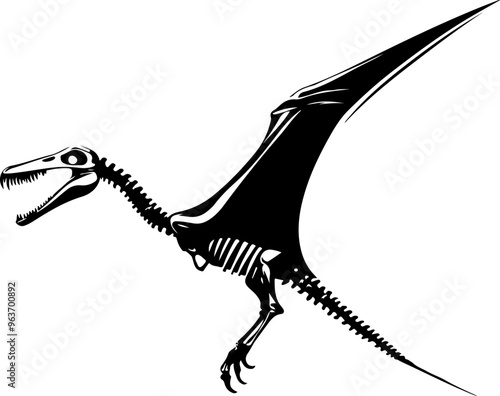 Stylized Pterosaur Skeleton Illustration in Black and White