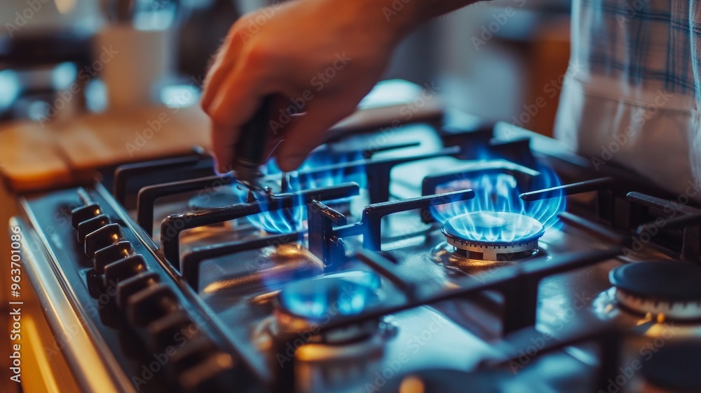 A technician is seen working on a gas stove up close. Kitchen appliance repair A technician is seen working on a gas stove up close. Kitchen appliance repair