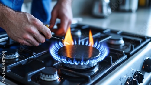 A technician is seen working on a gas stove up close. Kitchen appliance repair