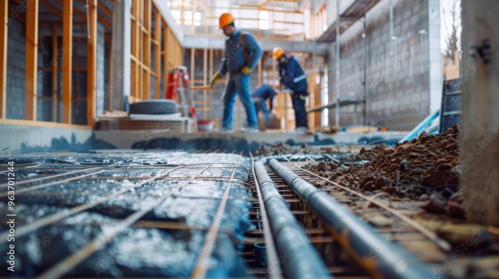 Construction Workers Installing Underfloor Heating System in Commercial Building for Improved Insulation Construction Workers Installing Underfloor Heating System in Commercial Building for Improved Insulation