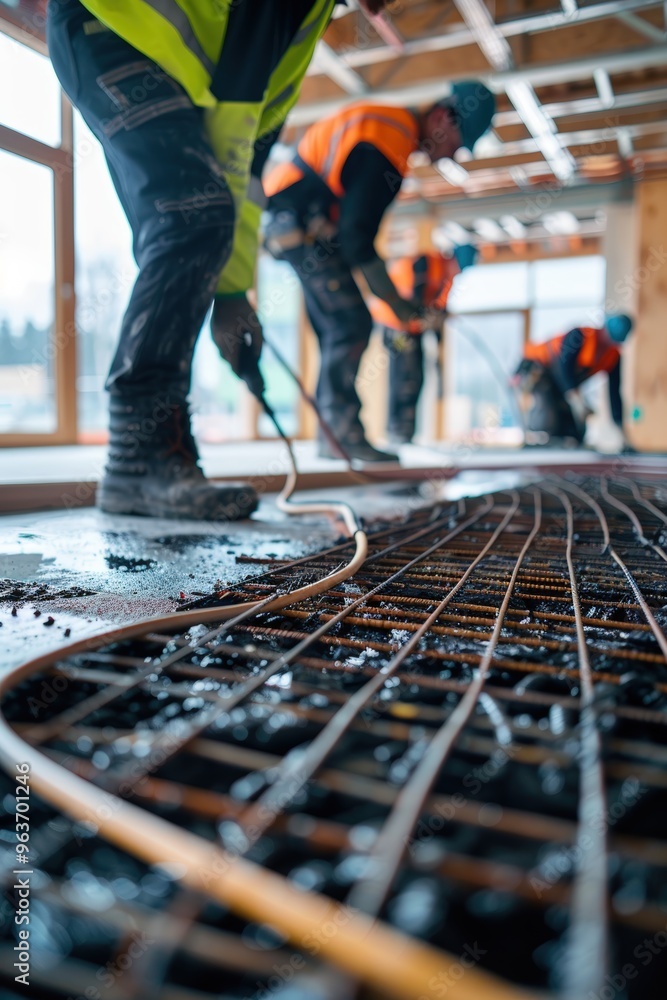 Construction Crew Installing Underfloor Heating in Commercial Space for Efficient Temperature Control Construction Crew Installing Underfloor Heating in Commercial Space for Efficient Temperature Control
