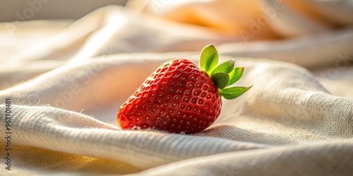 A minimalist composition of a single, plump, ripe strawberry resting on a crisp white linen cloth, illuminated by a warm, golden morning light. photo