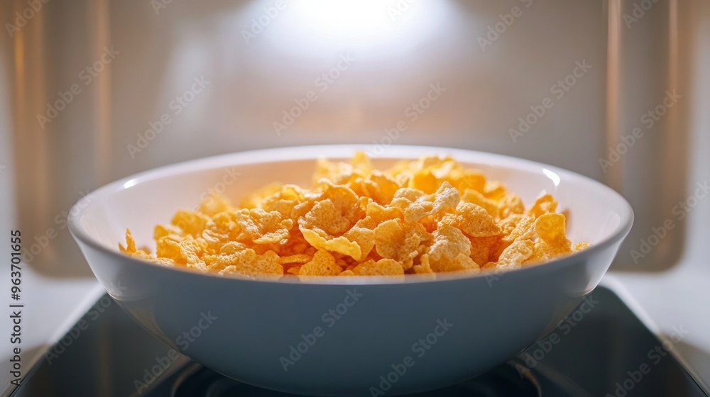 A bowl of delicious cornflakes in a microwave oven set against a white background A bowl of delicious cornflakes in a microwave oven set against a white background