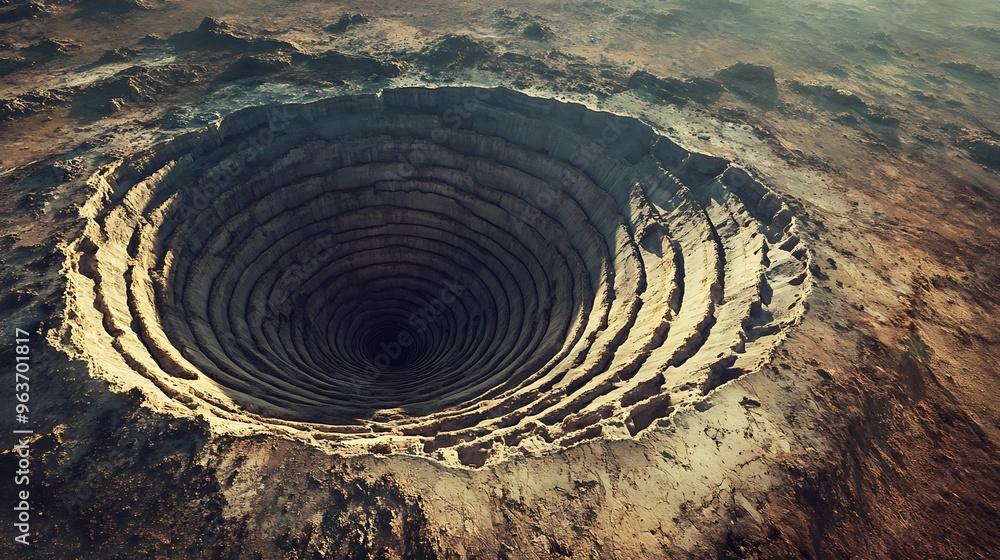 A drained reservoir captured from the sky, exposing its former depths now marked by concentric rings and desolate, cracked ground. A drained reservoir captured from the sky, exposing its former depths now marked by concentric rings and desolate, cracked ground.