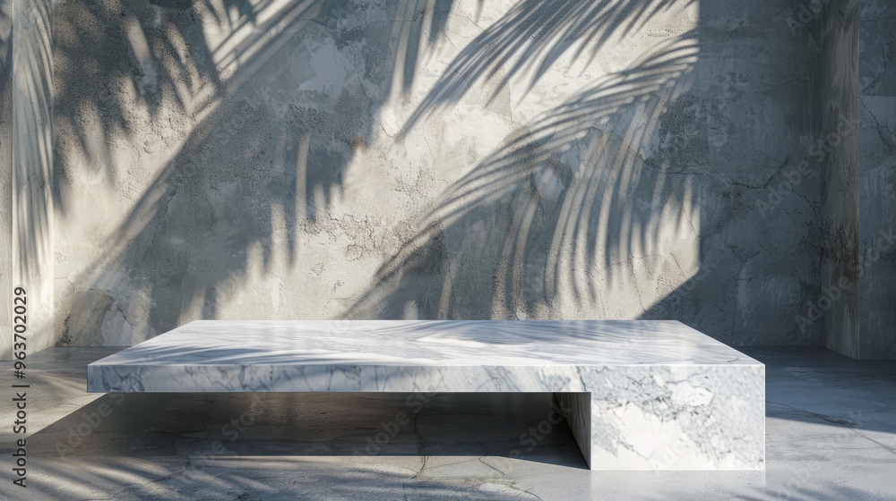 Marble Table with Leaf Shadow on Concrete Background for Product Presentation. Marble Table with Leaf Shadow on Concrete Background for Product Presentation.